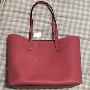 Coach Coral Pink Leather Perforated Logo Tote